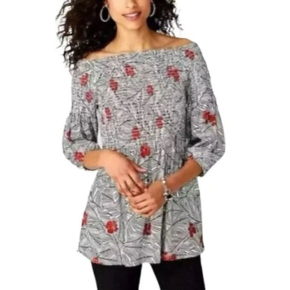 J Jill Womens Medium Floral Smocked Tunic Top 3/4 Sleeve Knit Stretch Boho - Picture 1 of 9